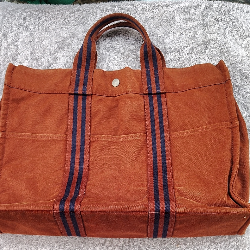 Hermes Orange Canvas Tote with Navy Striped Handles